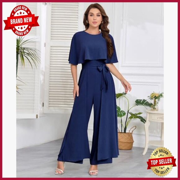 Formal Jumpsuit Cape Sleeve Wide Leg Belted Maxi One-Piece Evening Wear - Picture 2 of 7